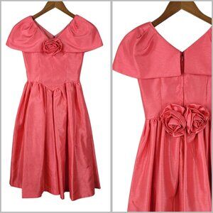 Vintage 80s Girls Handmade Party Dress Size 8 10 Pink Taffeta Princess Flower